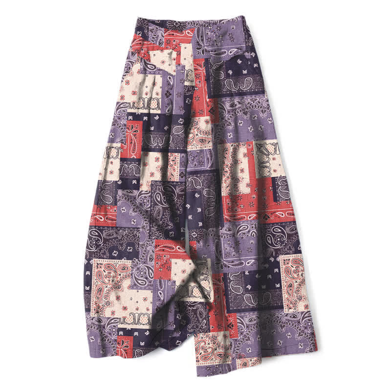 Buddha Stones Cotton Linen Patchwork Paisley Pattern Women's Elastic Waist Wide Leg Pants With Pockets - MediumPurple - US16,UK/AU20,EU48 (3XL) - image 5