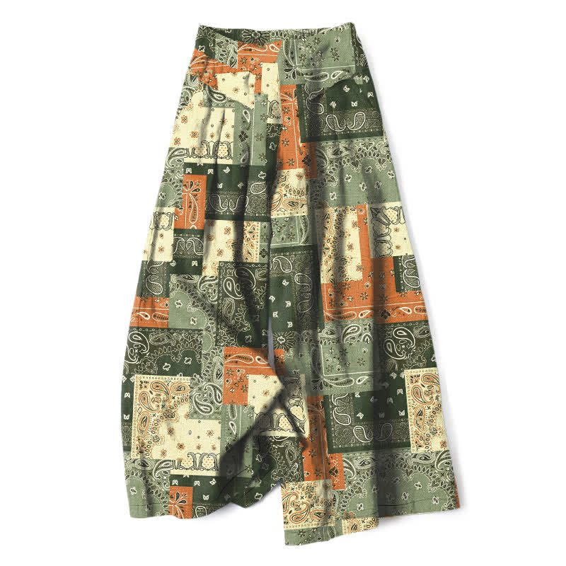 Buddha Stones Cotton Linen Patchwork Paisley Pattern Women's Elastic Waist Wide Leg Pants With Pockets - OliveDrab - US16,UK/AU20,EU48 (3XL) - image 7