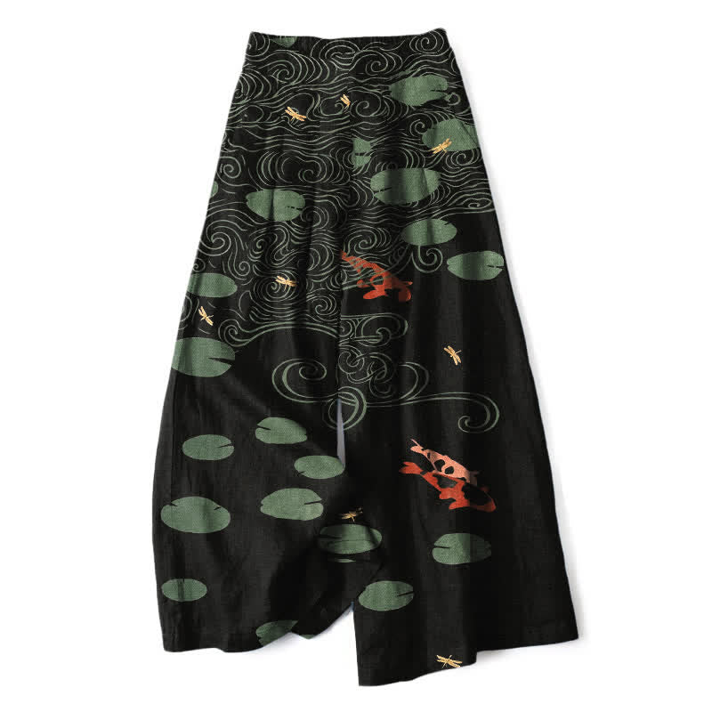 Buddha Stones Cotton Linen Lotus Leaf Koi Fish Ripple Pattern Women's Elastic Waist Wide Leg Pants With Pockets - Black - US16,UK/AU20,EU48 (3XL) - image 0