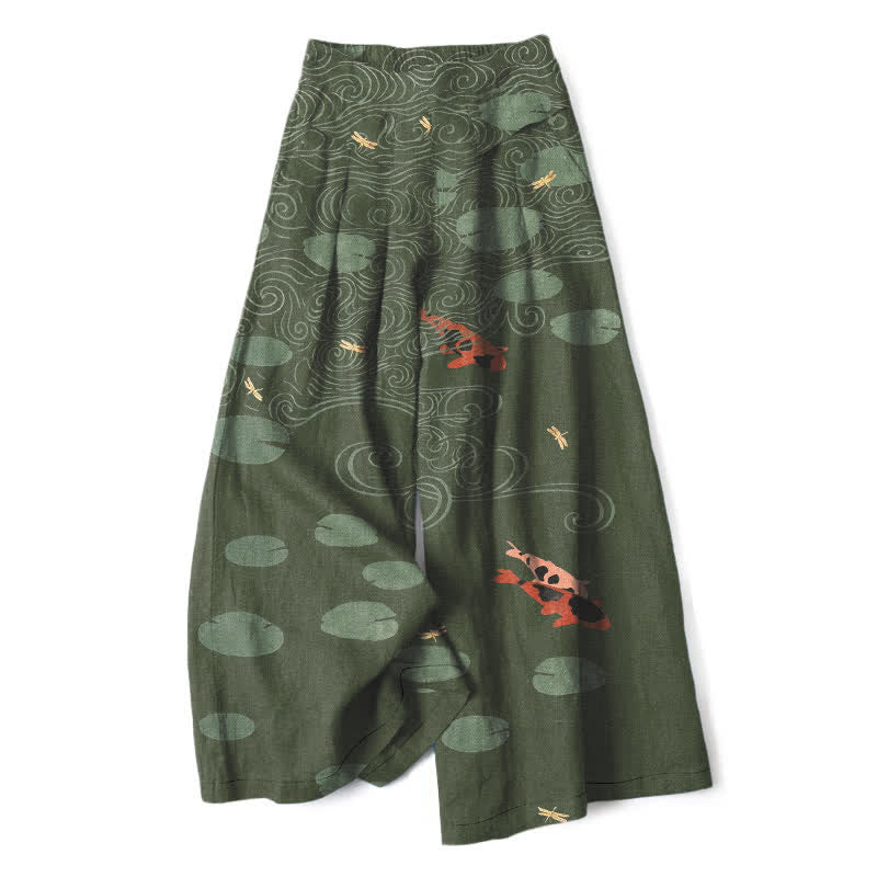 Buddha Stones Cotton Linen Lotus Leaf Koi Fish Ripple Pattern Women's Elastic Waist Wide Leg Pants With Pockets - DarkOliveGreen - US16,UK/AU20,EU48 (3XL) - image 5