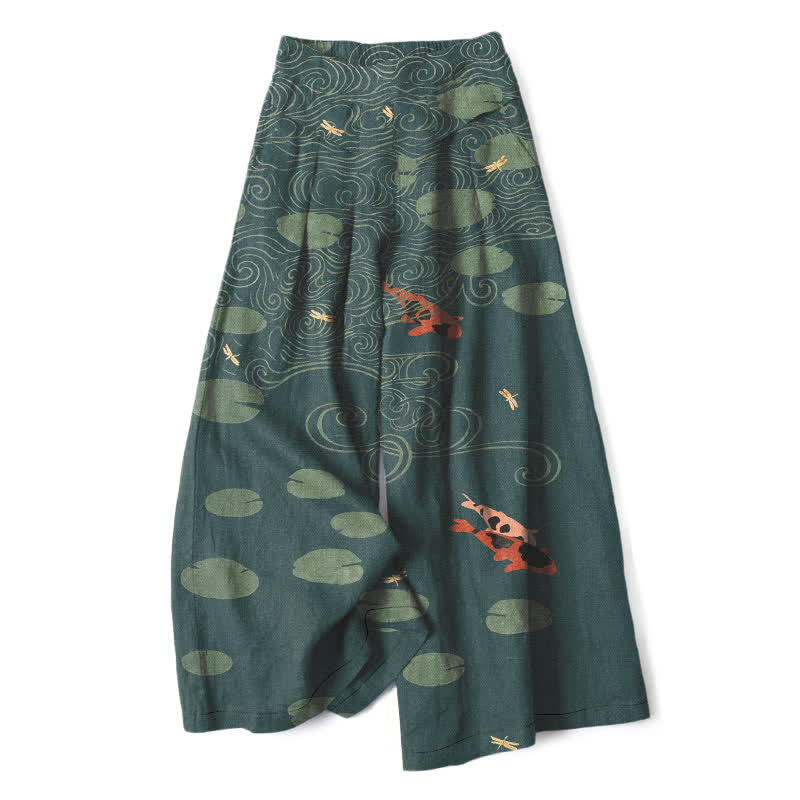 Buddha Stones Cotton Linen Lotus Leaf Koi Fish Ripple Pattern Women's Elastic Waist Wide Leg Pants With Pockets - Teal - US16,UK/AU20,EU48 (3XL) - image 7