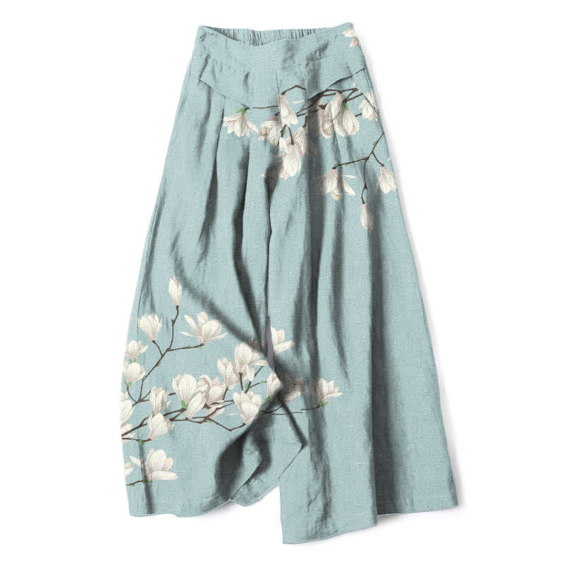 Buddha Stones Cotton Linen Vintage Floral Pattern Women's Elastic Waist Wide Leg Pants With Pockets - PaleTurquoise - US16,UK/AU20,EU48 (3XL) - image 0