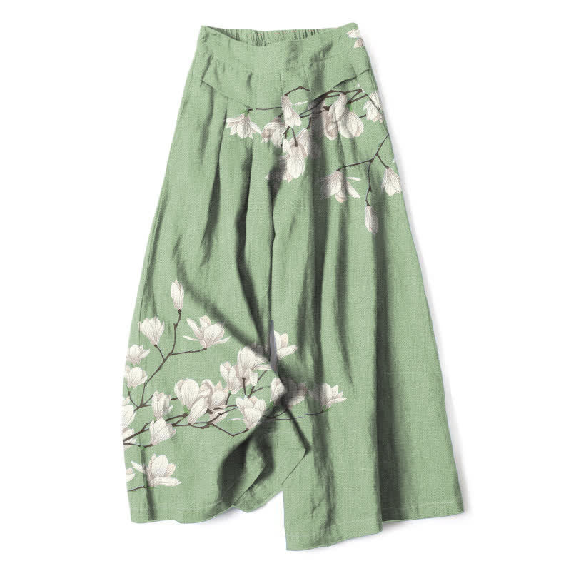 Buddha Stones Cotton Linen Vintage Floral Pattern Women's Elastic Waist Wide Leg Pants With Pockets - PaleGreen - US16,UK/AU20,EU48 (3XL) - image 5