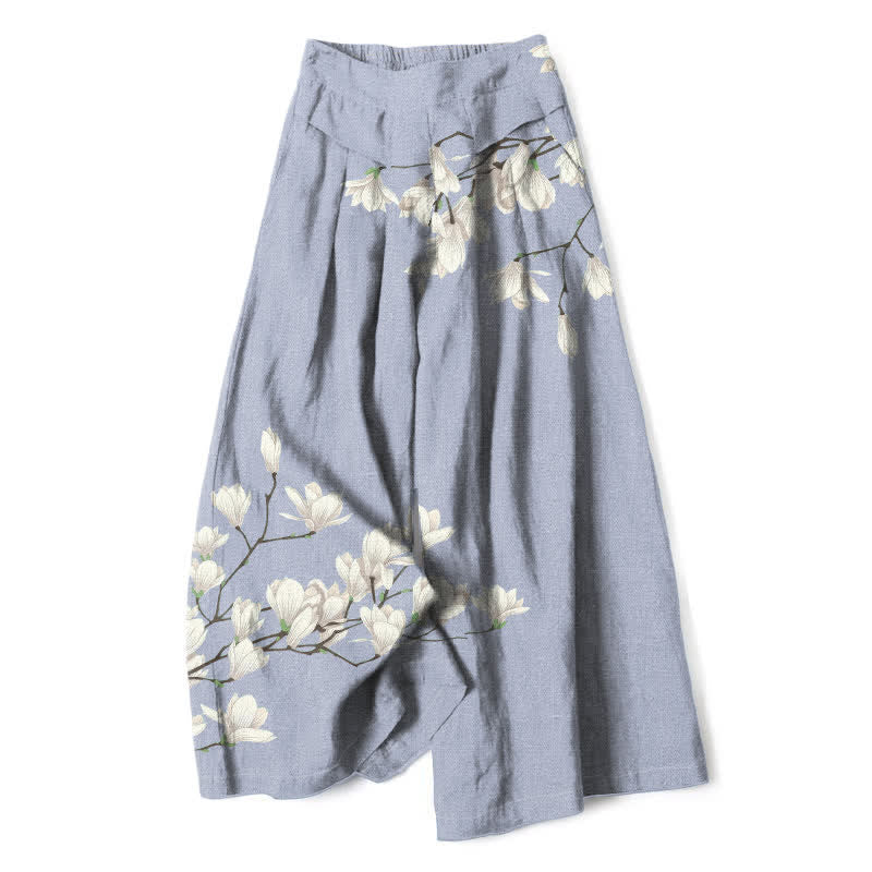Buddha Stones Cotton Linen Vintage Floral Pattern Women's Elastic Waist Wide Leg Pants With Pockets - LightBlue - US16,UK/AU20,EU48 (3XL) - image 7