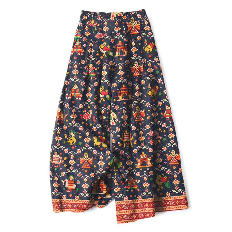 Buddha Stones Cotton Linen Bohemian Geometric Pattern Women's Elastic Waist Wide Leg Pants With Pockets - MidnightBlue - US16,UK/AU20,EU48 (3XL) - image 0