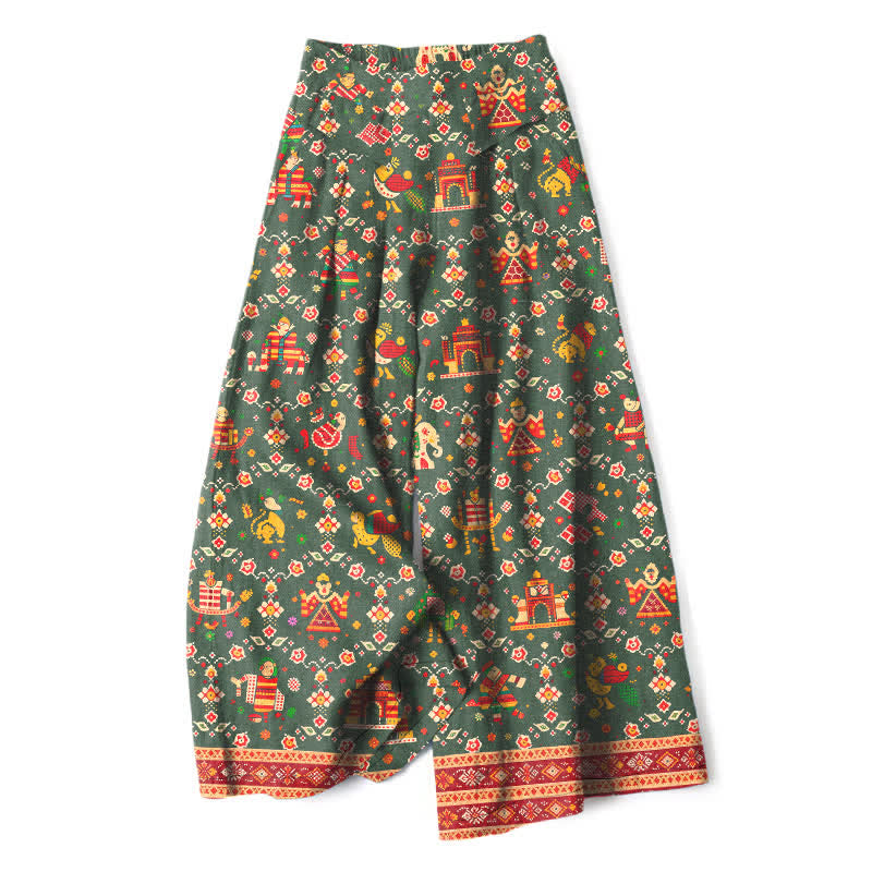 Buddha Stones Cotton Linen Bohemian Geometric Pattern Women's Elastic Waist Wide Leg Pants With Pockets - DarkOliveGreen - US16,UK/AU20,EU48 (3XL) - image 5