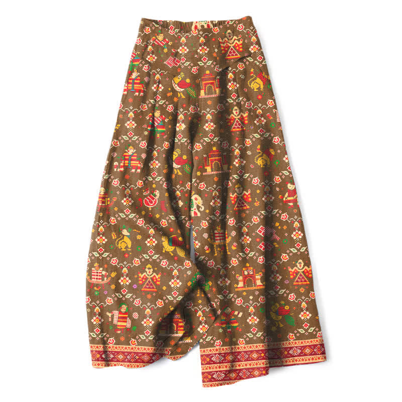 Buddha Stones Cotton Linen Bohemian Geometric Pattern Women's Elastic Waist Wide Leg Pants With Pockets - DarkGoldenrod - US16,UK/AU20,EU48 (3XL) - image 7
