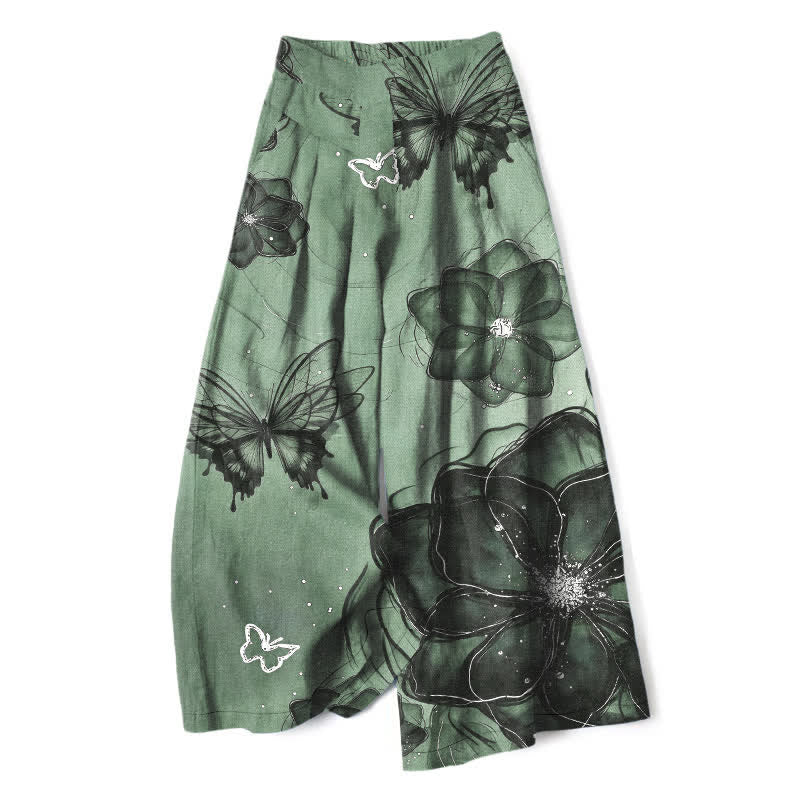 Buddha Stones Cotton Linen Butterfly Floral Pattern Women's Elastic Waist Wide Leg Pants With Pockets - MediumAquamarine - US16,UK/AU20,EU48 (3XL) - image 0