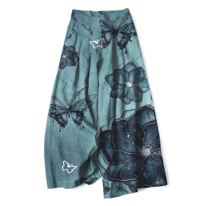 Buddha Stones Cotton Linen Butterfly Floral Pattern Women's Elastic Waist Wide Leg Pants With Pockets - MediumTurquoise - US16,UK/AU20,EU48 (3XL) - image 7