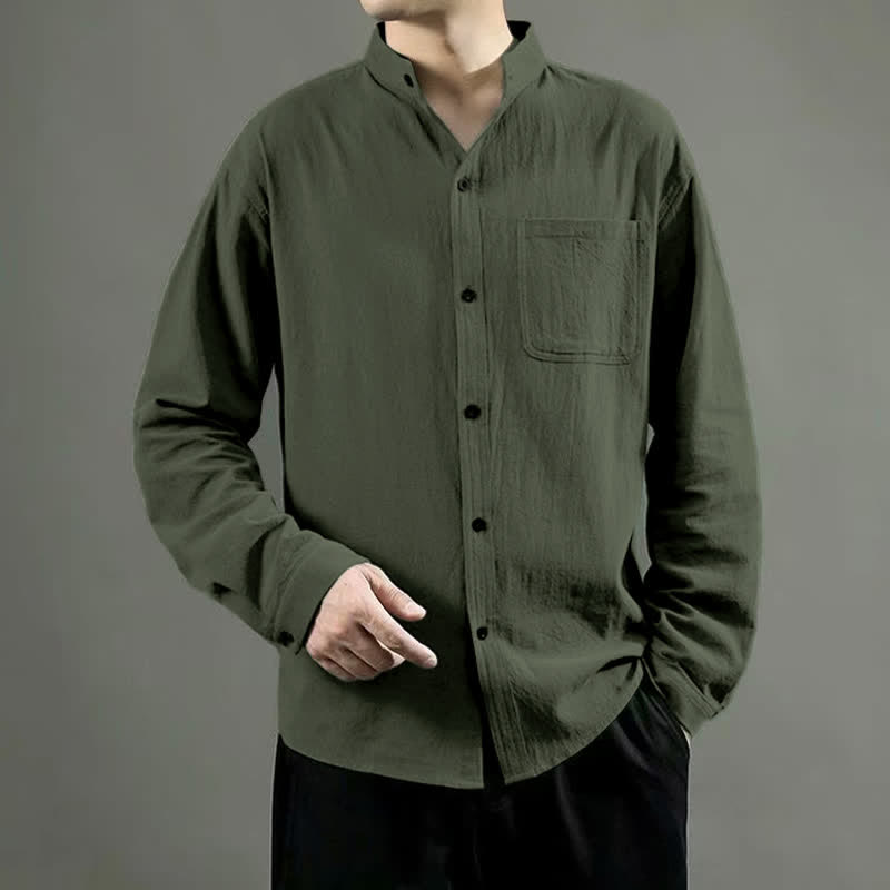 Buddha Stones Men's Long Sleeve Shirt With Pocket Stand Collar Comfort Shirt - OliveDrab - US/UK/AU46,EU56 (5XL) - image 0