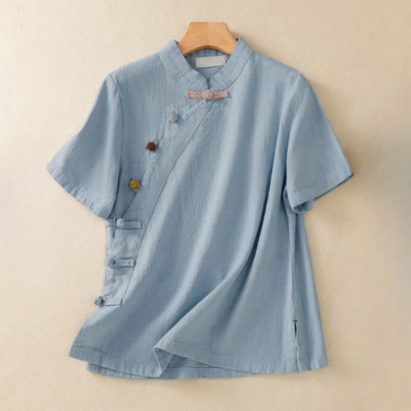 Buddha Stones Casual Plain Slant Stand Collar Collar Colorful Frog-Button Tang Suit Women's Cotton Linen Three Quarter Sleeve Shirt - LightSkyBlue - US8-10,UK/AU12-14,EU40-42 (2XL) - image 15