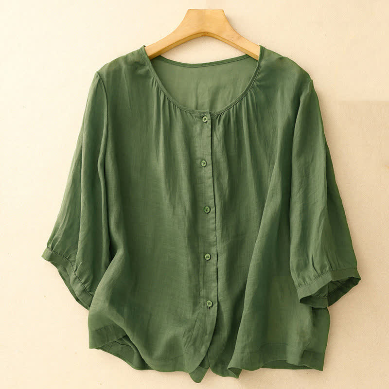 Buddha Stones Plain Button Crew Neck Design Women's Blend Three Quarter Sleeve Shirt - Green - US12,UK/AU16,EU44 (2XL) - image 22