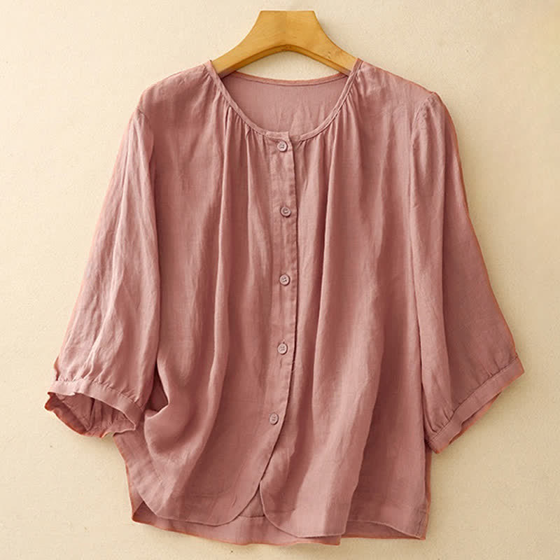 Buddha Stones Plain Button Crew Neck Design Women's Blend Three Quarter Sleeve Shirt - PaleVioletRed - US12,UK/AU16,EU44 (2XL) - image 6