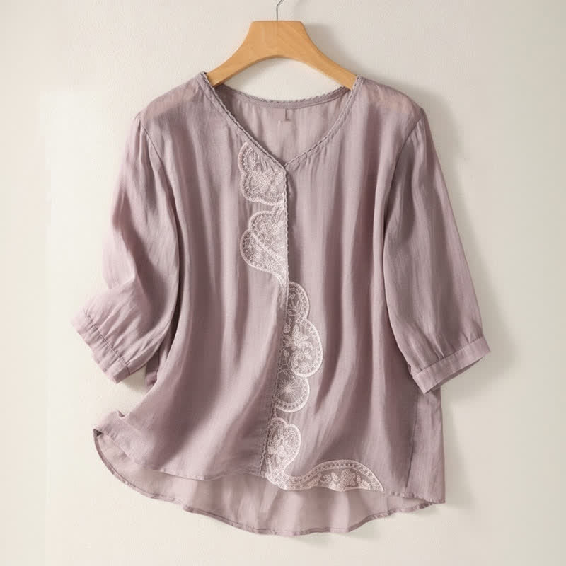 Buddha Stones Casual Embroidered Pattern Women's V-neck Design Half Sleeve T-shirt - Plum - US14,UK/AU18,EU46 (2XL) - image 0