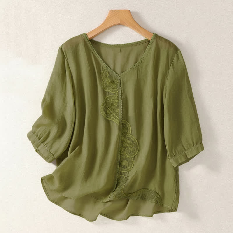 Buddha Stones Casual Embroidered Pattern Women's V-neck Design Half Sleeve T-shirt - YellowGreen - US14,UK/AU18,EU46 (2XL) - image 16