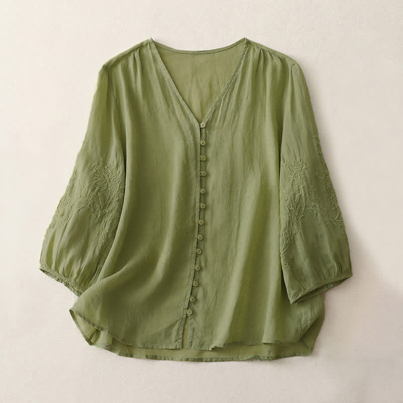 Buddha Stones Embroidery Button-down Women's Shirt - YellowGreen - US8-10,UK/AU12-14,EU40-42 (2XL) - image 0