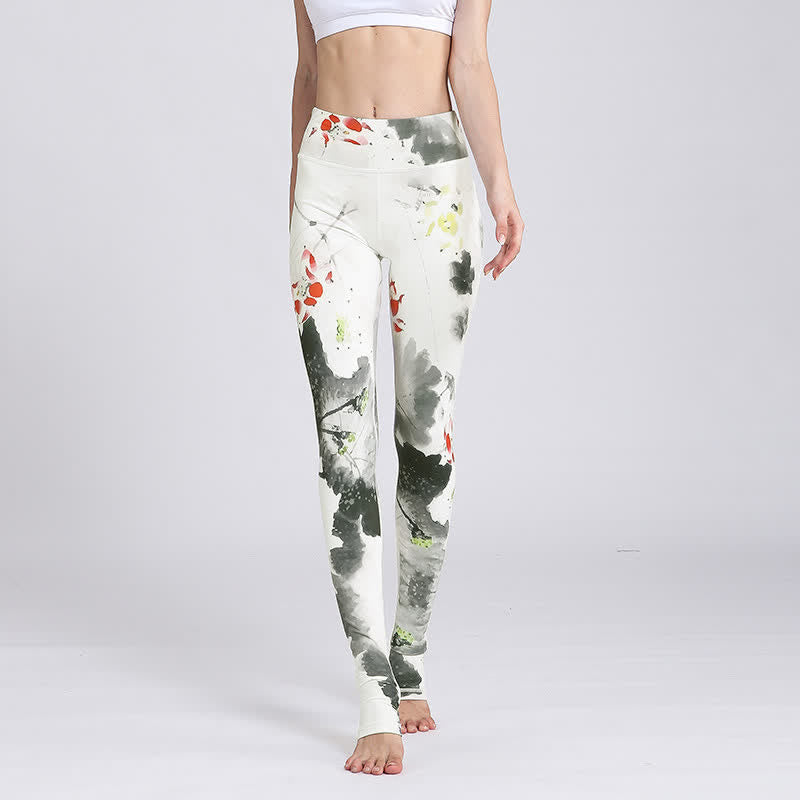 Buddha Stones Lotus Flower Print Design Pants Sports Fitness Yoga Leggings Women's Yoga Pants - White Ink Lotus - US8-10,UK/AU12-14,EU40-42 (XL) - image 26