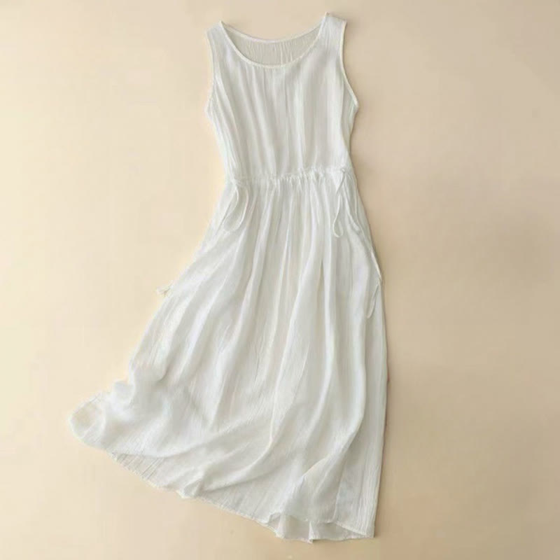 Buddha Stones Casual Plain Handmade Drawstring Waist Midi Dress Sleeveless Dress With Pockets - White - US8-10,UK/AU12-14,EU40-42 (2XL) - image 8
