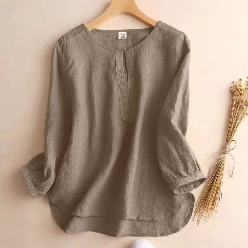 Buddha Stones Casual Plain Women's Hollow Crew Neck Design Three Quarter Sleeve Shirt - Tan - US8-10,UK/AU12-14,EU40-42 (2XL) - image 0