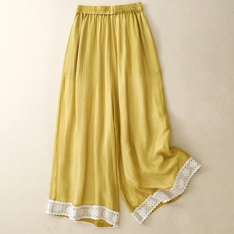 Buddha Stones Spring Vintage Casual Solid Color Lace Patchwork Cuff Women's Cotton Linen Wide Leg Pants With Pockets - Gold - US8-10,UK/AU12-14,EU40-42 (2XL) - image 0
