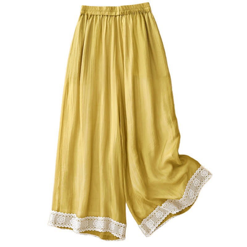 Buddha Stones Spring Vintage Casual Solid Color Lace Patchwork Cuff Women's Cotton Linen Wide Leg Pants With Pockets - image 3