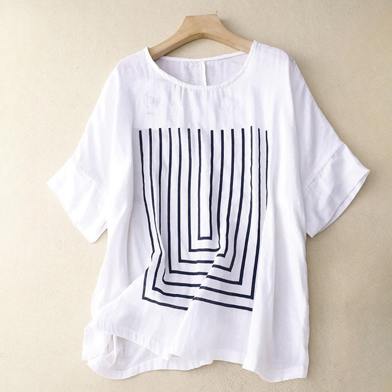 Buddha Stones Casual Line Printing Pattern Short Sleeve Cotton Linen Women's T-Shirt - White - US12,UK/AU16,EU44 (2XL) - image 11