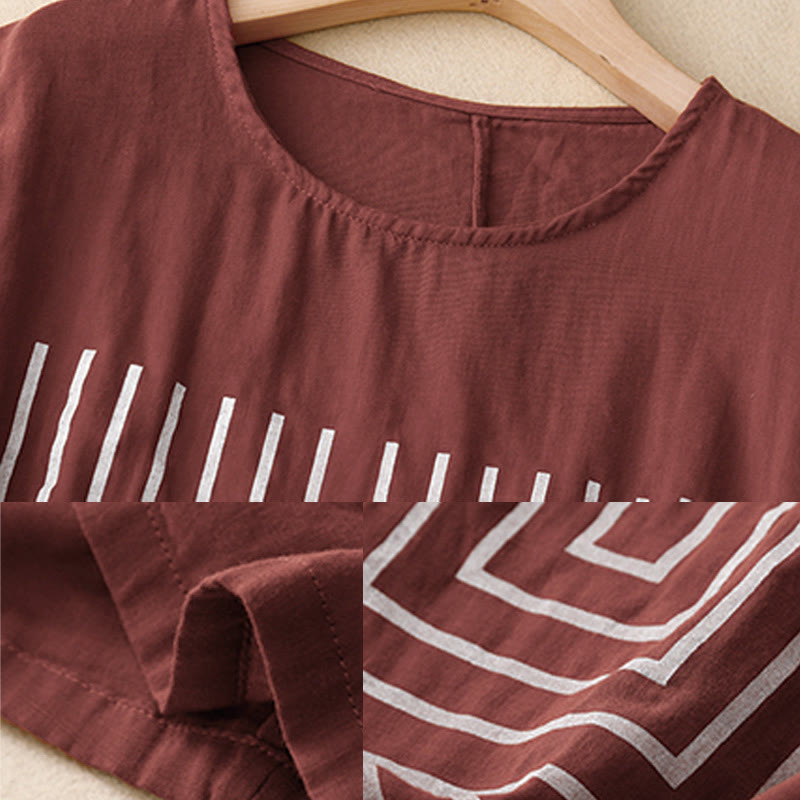 Buddha Stones Casual Line Printing Pattern Short Sleeve Cotton Linen Women's T-Shirt - image 8