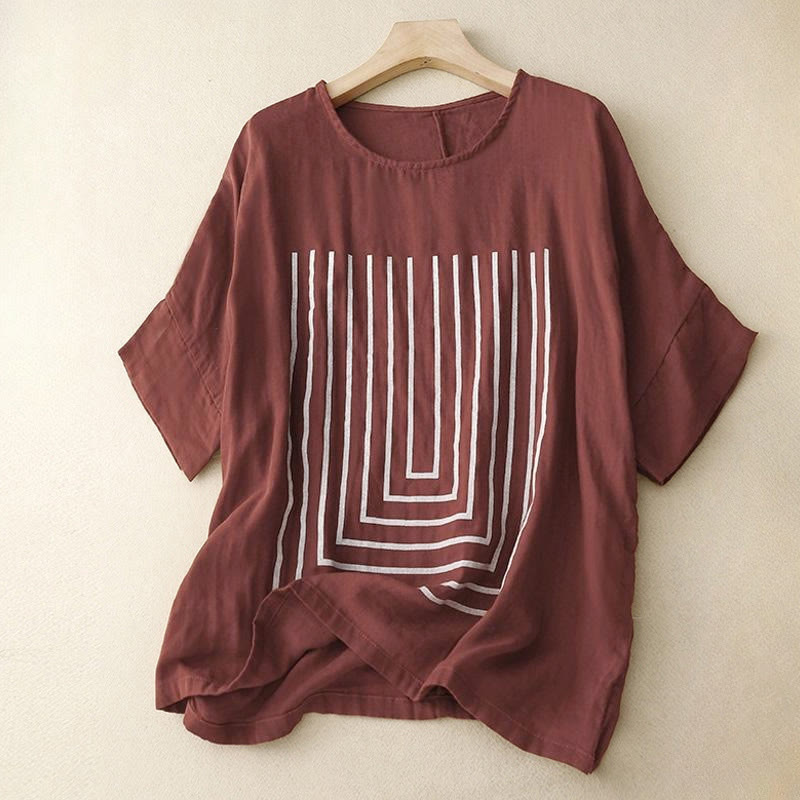 Buddha Stones Casual Line Printing Pattern Short Sleeve Cotton Linen Women's T-Shirt - Maroon - US12,UK/AU16,EU44 (2XL) - image 7