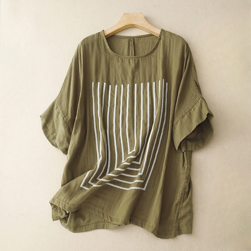 Buddha Stones Casual Line Printing Pattern Short Sleeve Cotton Linen Women's T-Shirt - Olive - US12,UK/AU16,EU44 (2XL) - image 0