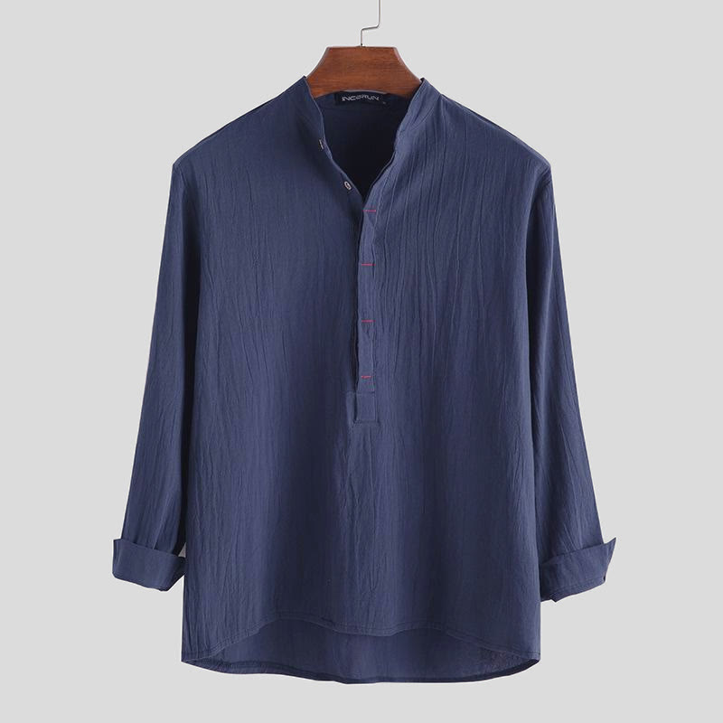 Buddha Stones Solid Color Half Buttons Long Sleeve Cotton Men's Shirts - SteelBlue - US/UK/AU42,EU52 (3XL) - image 4