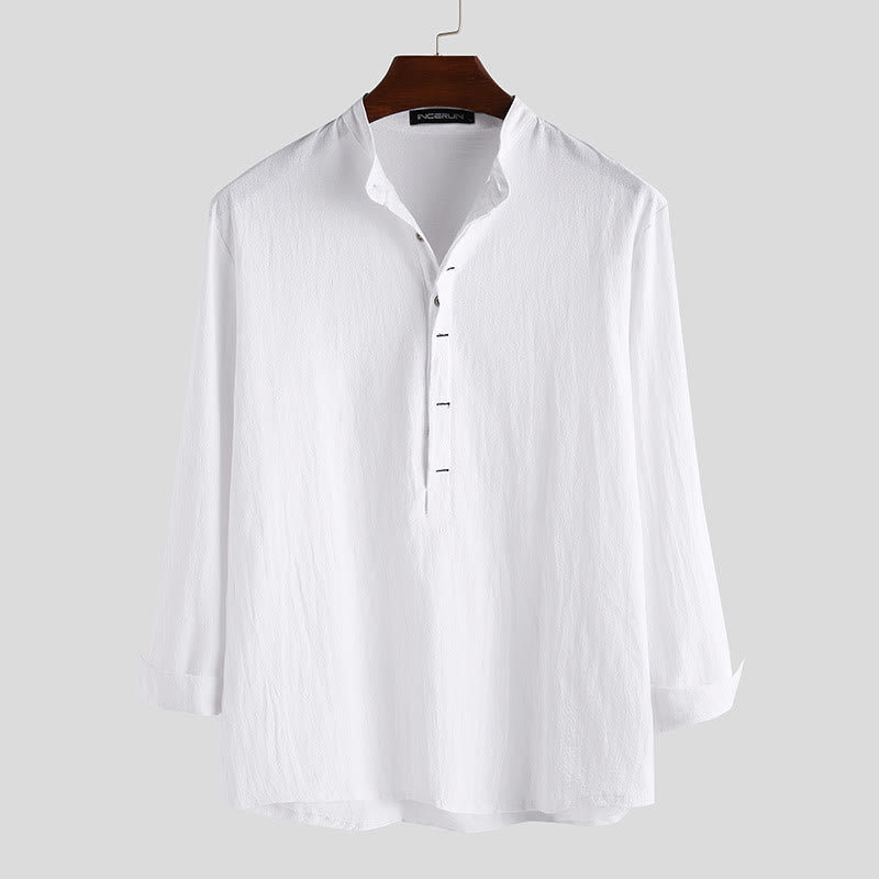 Buddha Stones Solid Color Half Buttons Long Sleeve Cotton Men's Shirts - White - US/UK/AU42,EU52 (3XL) - image 0