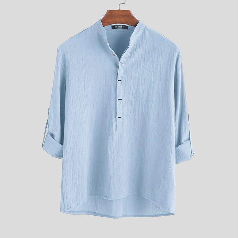 Buddha Stones Solid Color Half Buttons Long Sleeve Cotton Men's Shirts - LightSkyBlue - US/UK/AU42,EU52 (3XL) - image 3