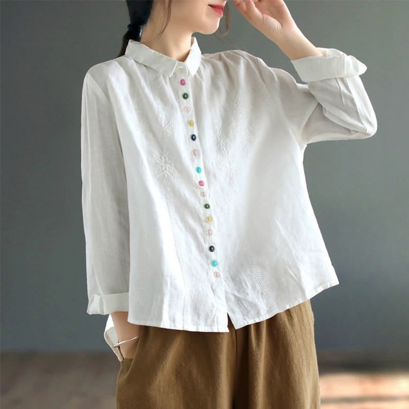 Buddha Stones Spring Embroidery Long Sleeve Colorful Button Label Women's Shirt - White - US12,UK/AU16,EU44 (2XL) - image 5