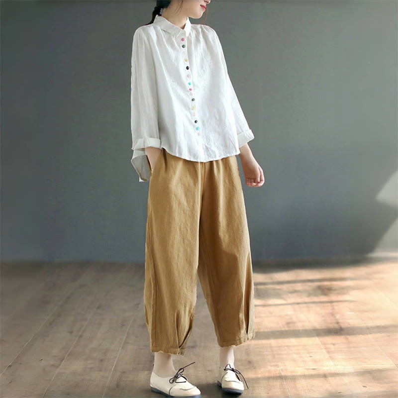 Buddha Stones Spring Embroidery Long Sleeve Colorful Button Label Women's Shirt - image 8
