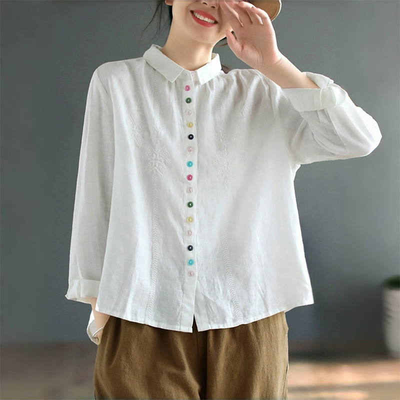 Buddha Stones Spring Embroidery Long Sleeve Colorful Button Label Women's Shirt - image 6