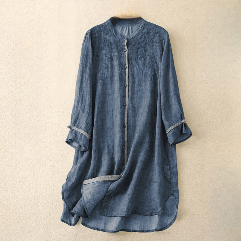Buddha Stones Summer Casual Embroidered Stand Collar Design Three Quarter Sleeve Midi Dress - RoyalBlue - US8-10,UK/AU12-14,EU40-42 (2XL) - image 5