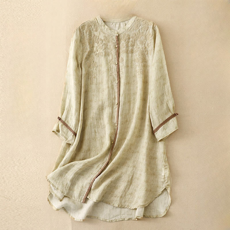 Buddha Stones Summer Casual Embroidered Stand Collar Design Three Quarter Sleeve Midi Dress - LemonChiffon - US8-10,UK/AU12-14,EU40-42 (2XL) - image 11