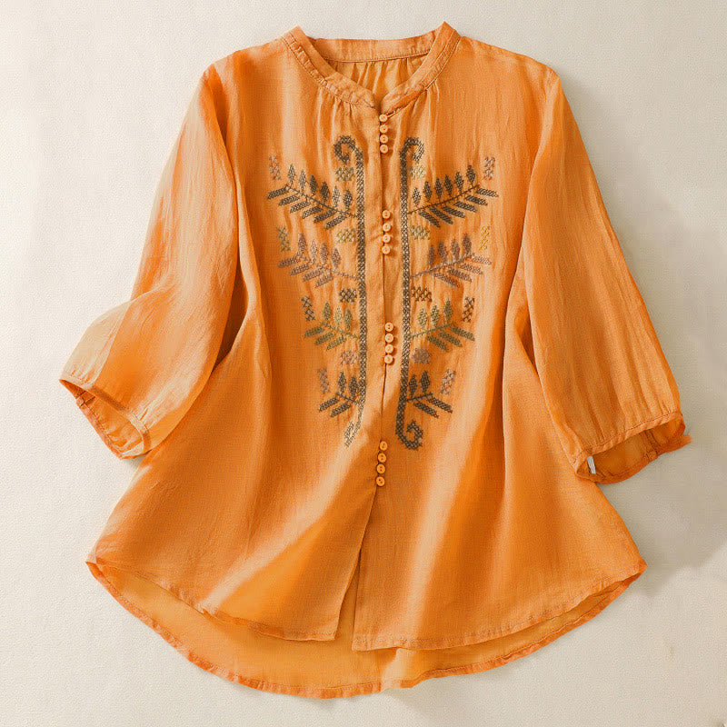Buddha Stones Casual Artistic Embroidery Leaves Pattern Women's Three Quarter Sleeve Shirt - Orange - US8-10,UK/AU12-14,EU40-42 (2XL) - image 0