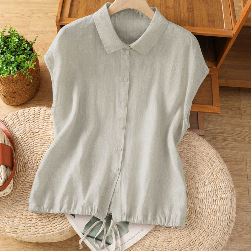 Buddha Stones Summer Plain Color Button Short Sleeve Women's Shirt - Linen - US12,UK/AU16,EU44 (2XL) - image 23