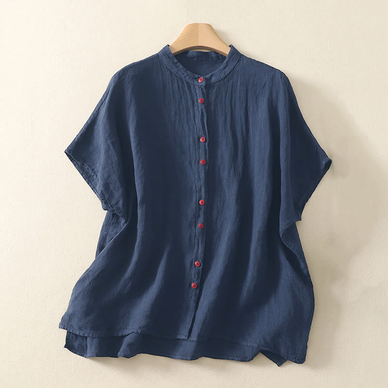 Buddha Stones Summer Plain Red Buttons Short Sleeve Women's Shirt - MidnightBlue - US14,UK/AU18,EU46 (2XL) - image 0