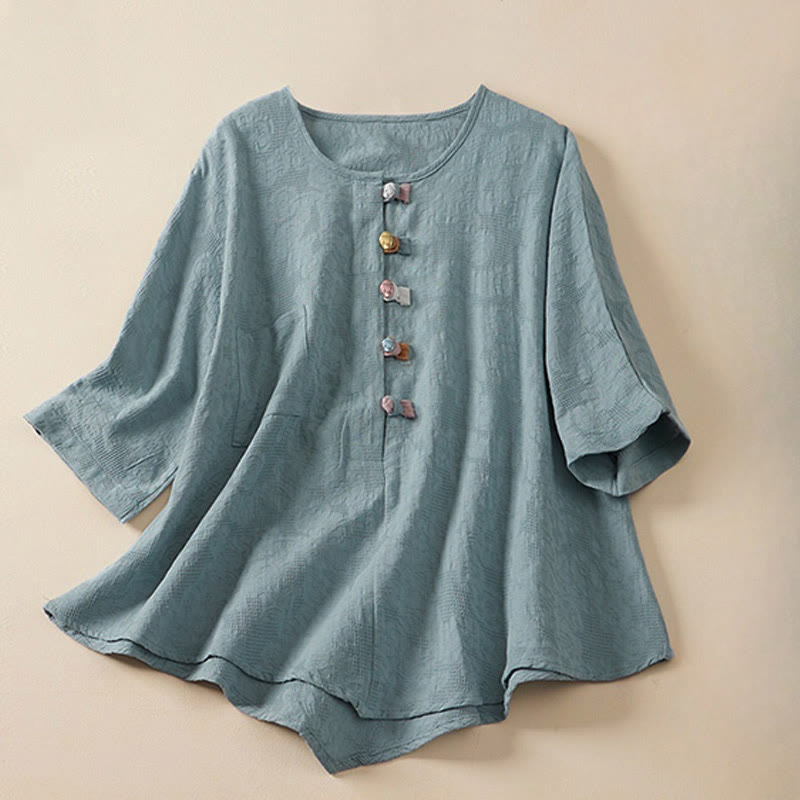 Buddha Stones Casual Flower Colorful Frog Button Half Sleeve Women's Shirt - LightSkyBlue - US8-10,UK/AU12-14,EU40-42 (2XL) - image 0