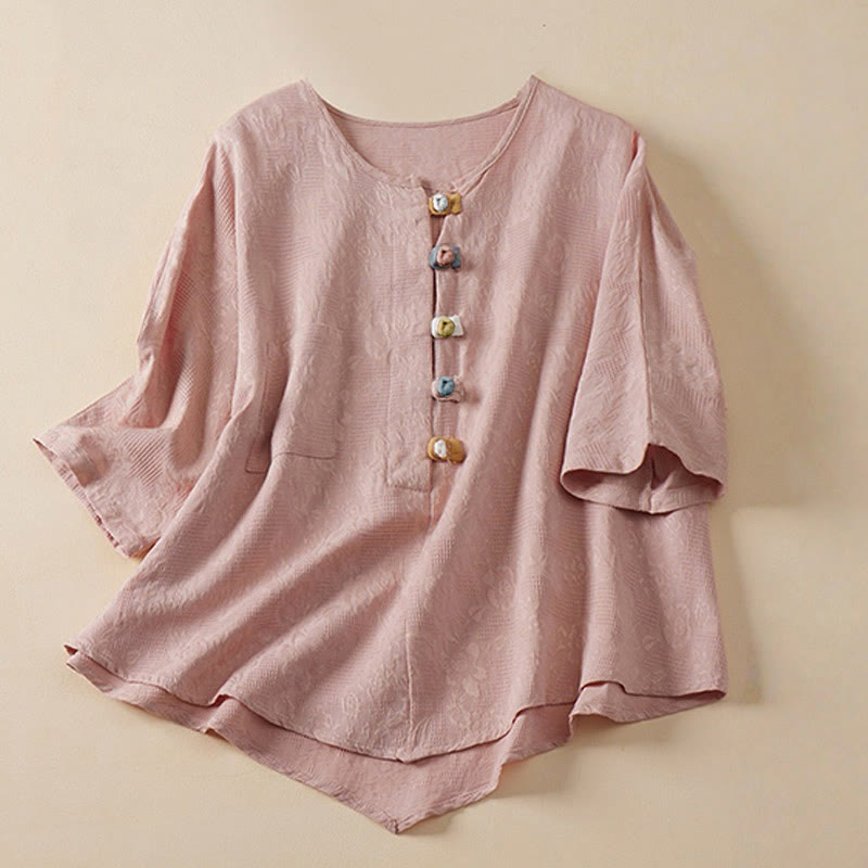 Buddha Stones Casual Flower Colorful Frog Button Half Sleeve Women's Shirt - Pink - US8-10,UK/AU12-14,EU40-42 (2XL) - image 3