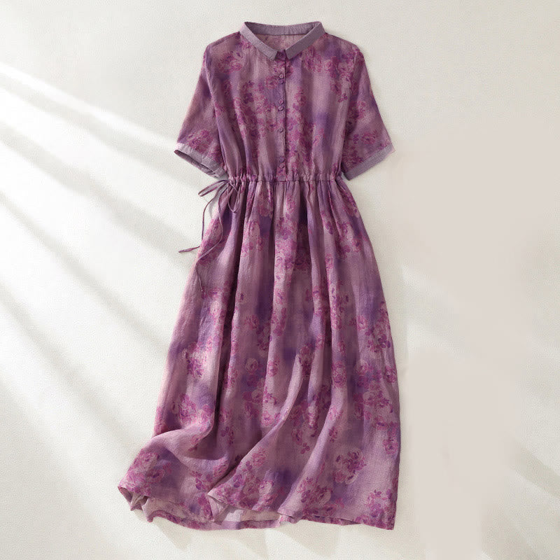 Buddha Stones Printing Buttons Drawstring High Waist Short Sleeve Midi Dress With Pockets - PaleVioletRed - US8-10,UK/AU12-14,EU40-42 (2XL) - image 20