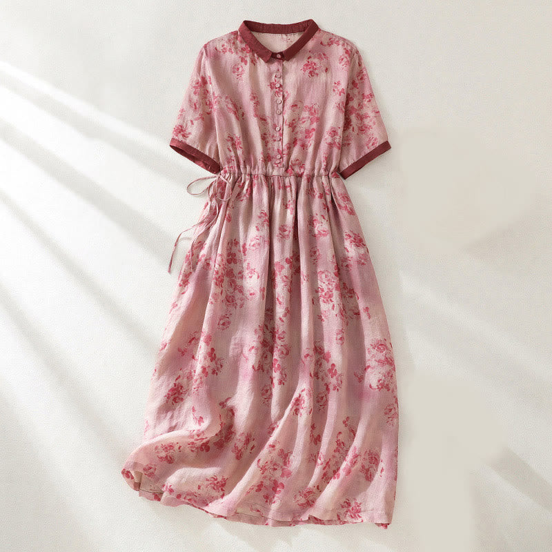 Buddha Stones Printing Buttons Drawstring High Waist Short Sleeve Midi Dress With Pockets - Salmon - US8-10,UK/AU12-14,EU40-42 (2XL) - image 0