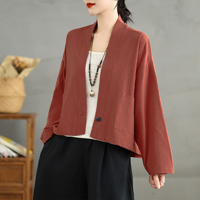 Buddha Stones Casual Vintage Plain Long Sleeve Open Front Jacket With Pockets - OrangeRed - US14,UK/AU18,EU46 (2XL) - image 8