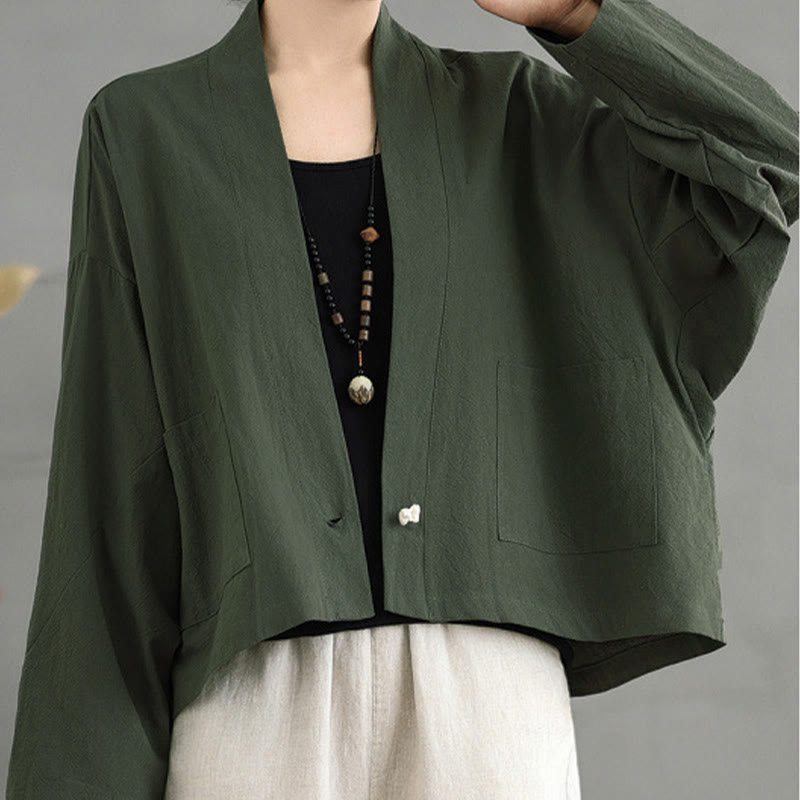 Buddha Stones Casual Vintage Plain Long Sleeve Open Front Jacket With Pockets - DarkOliveGreen - US14,UK/AU18,EU46 (2XL) - image 14
