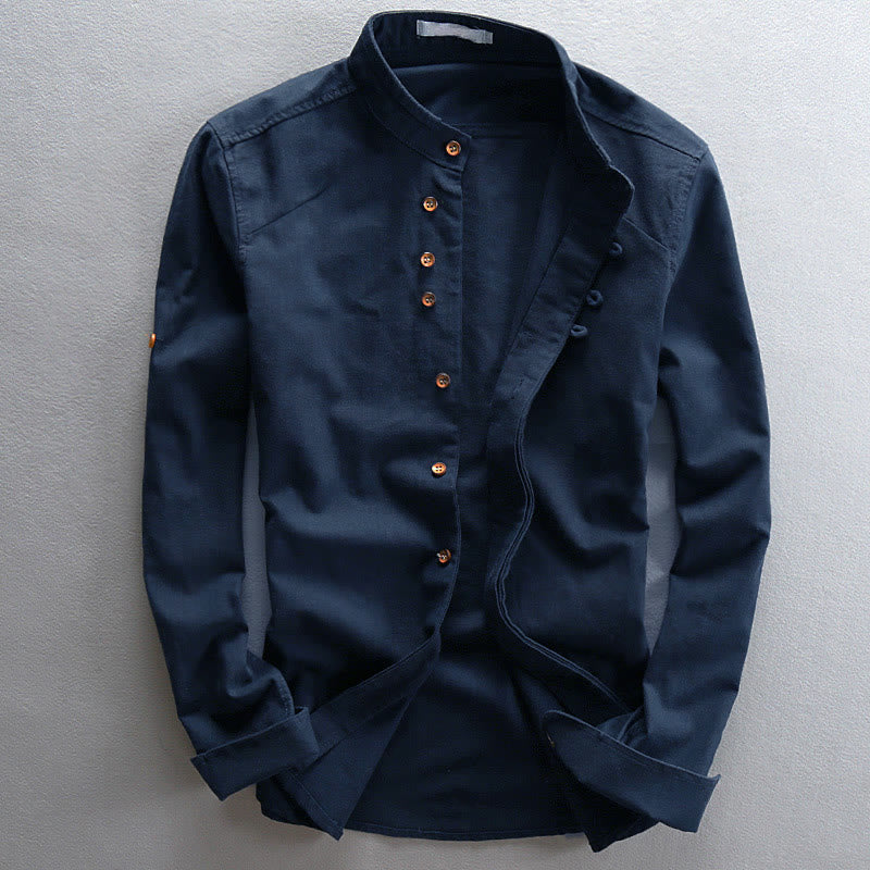 Buddha Stones Men's Slim Fit Design Stand Collar Crew Neck Long Sleeve Cotton Linen Shirt - MidnightBlue - US/UK/AU48,EU58 (7XL) - image 0