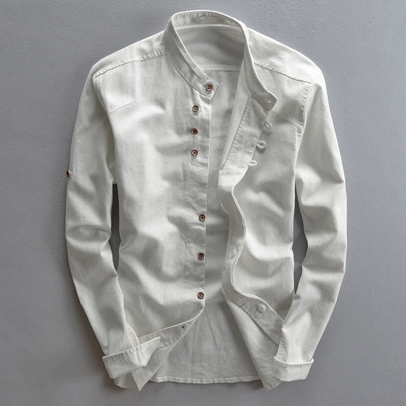 Buddha Stones Men's Slim Fit Design Stand Collar Crew Neck Long Sleeve Cotton Linen Shirt - White - US/UK/AU48,EU58 (7XL) - image 3