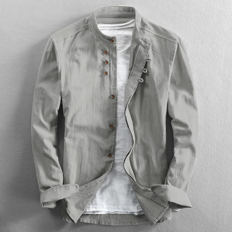 Buddha Stones Men's Slim Fit Design Stand Collar Crew Neck Long Sleeve Cotton Linen Shirt - WhiteSmoke - US/UK/AU48,EU58 (7XL) - image 12