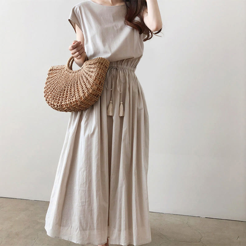 Buddha Stones Casual Eastic Waist Drawstring Design Short Sleeve Midi Dress - Linen - US8-10,UK/AU12-14,EU40-42 (2XL) - image 0